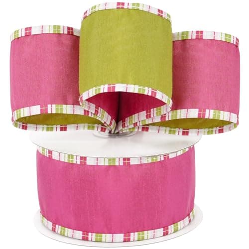 HUIHUANG Hot Pink and Lime Dupioni Wired Ribbon with Striped Border 2.5 Inch Wide 10 Yards Easter Ribbons for Easter Basket Floral Arrangement Bunny Decor Spring Holiday Wreath DIY Crafts — view 8