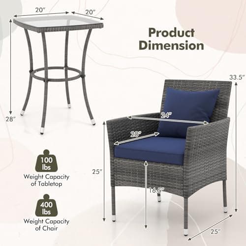 DORTALA Wicker Patio Furniture Set 3 Piece, Small Outdoor Table & Chairs with Tempered Glass Tabletop, Cushions, Rattan Conversation Bistro Set for Balcony, Porch, Backyard, Deck, Mix Gray+Navy — view 6