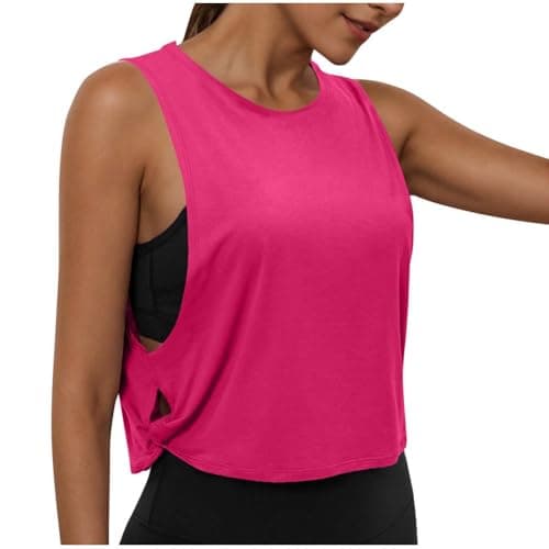 Athletic Tank Tops for Women Twist Knot Cut Out Side Slit Crop Tops Yoga Workout Loose Fit Sleeveless T-Shirts Hot Pink