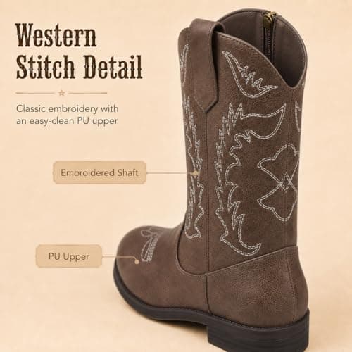 Kids Cowboy Boots Cowgirl Boots For Girls & Boys, Dark Brown Western Cowboy Boots With Side Zipper, Pu Leather Round Toe Little Kid Boots — view 2