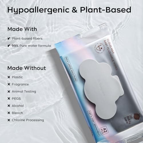 Bc Babycare Cloud Max Flushable Wipes, Hypoallergenic for Sensitive Skin, 99% Water, Plant-Based Fibers, Sewer + Septic Safe, Fragrance Free Toddler Potty Training, 336 Wipes, 8 Pack — view 5