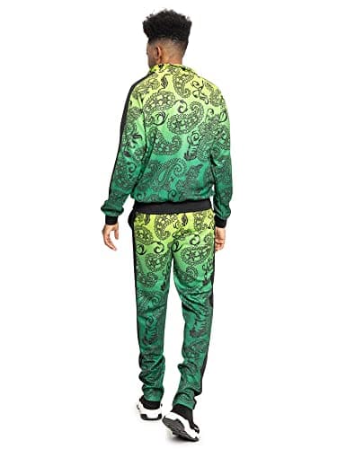 Men's Tiger Stripes Reflective Tape Track Suits 2 Piece Sweatsuit Set ST576 - Neon Yellow - X-Large - CC1I — view 2