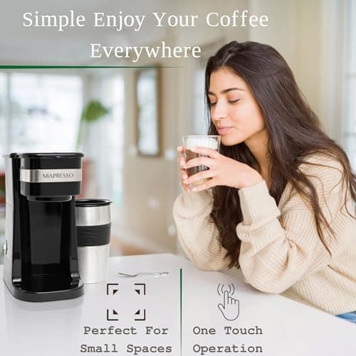 Mixpresso Black Personal Single Serve Coffee Maker with 14oz Travel Mug, Drip Small Coffee Maker with Auto Shut Off, Reusable Filter, Works with Ground Coffee Only – Not for K-Cup Pods — view 6