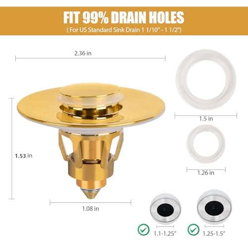 Three colors Bathroom Sink Stopper, 1.1-1.5" Bathroom Sink Drain Strainer, Universal WashBasin Pop Up Drain Stopper, Bounce Core Push Type Sink Plug, Anti-Clogging, Stainless Steel (Gold,1PCS) — view 3