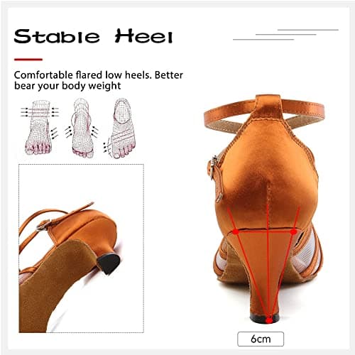 DKZSYIM Women's Satin Latin Dance Shoes Close Toe Ballroom Performance Dancing Shoes,YCL189-Brown-6,US 7 — view 2