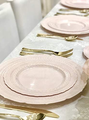 " OCCASIONS " 50 Plates Pack (25 Guests)-Extra Heavyweight Vintage Wedding Disposable/Reusable Plastic Plates -25 x 11'' Dinner + 25 x 8.25'' Salad/dessert (Chateau Blush Pink) — view 4