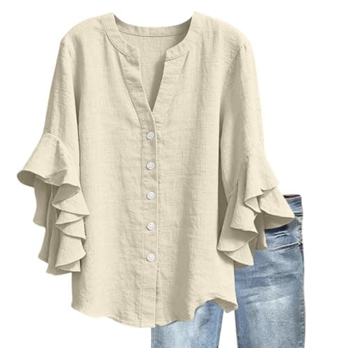 3/4 Ruffle Sleeve Cotton Linen Shirts for Women Dressy V Neck Beach Tunic Tops Elegant Summer Casual Work Blouses Yellow