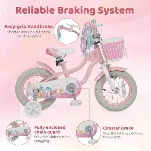 BABY JOY Kids Bike, 12" 14" 16" 18" Mermaid Girls Bike for 3-8 Years Old w/Basket, Training Wheels, Hand & Coaster Brakes, Adjustable Seat & Handlebar, Children Bicycle (Pink,12") — view 4