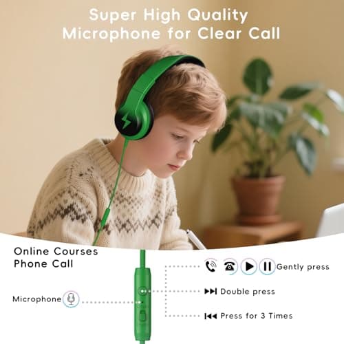 Candy Bila Kids Headphones for School, HD Mic Stereo Sound, 85/94dB Safe Volume, Foldable Wired Over Ear Headphones for Travel, Toddler, Boys, Girls, Tablet, iPad, 3.5mm Jack,Black and Green — view 2