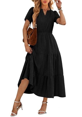 RUMIA Maxi Dress for Women Summer Linen V Neck Elastic Waist Lightweight Vacation Dress Black L — view 3