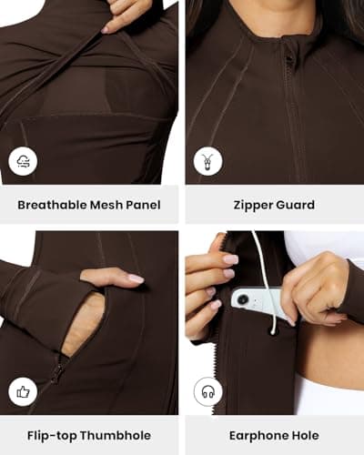 QUEENIEKE Workout Jackets for Women Full Zip Slim Fit Athletic Running Jacket with Thumb Holes (Roasted Brown, M) — view 4