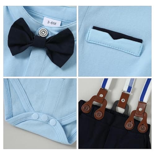 SOLOYEE Baby Boy Clothes Suits 6-9 Months Baby Boys Formal Wedding Outfits Long Sleeve Dress Shirt + Suspender Pants + Bowtie + Beret Gentleman Clothing Set (Blue, 6-9 Months) — view 4