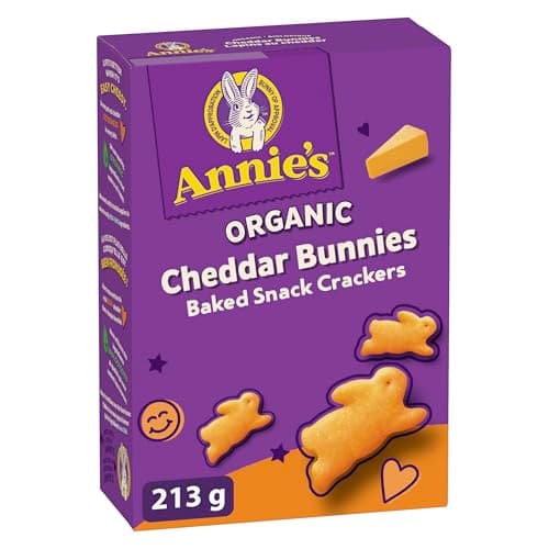 ANNIE'S Cheddar Baked Snack Crackers, Organic, No Artificial Flavours, No Synthetic Colours, Contains Real Cheese and Real Milk Ingredients, 213 Grams Package of Bunny Shaped Crackers