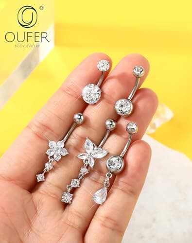 OUFER 5PCS Silver Belly Button Rings Dangle– 14G Surgical Steel Belly Button Piercing, Hypoallergenic Belly Rings with CZ Butterfly Flower Teardrop Barbell for Beach Festival Gym — view 2
