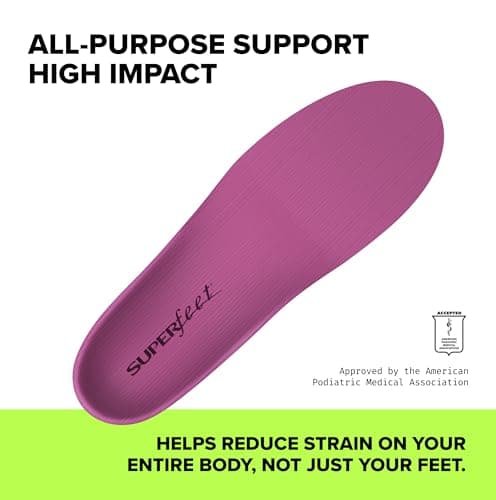 Superfeet All-Purpose Women's High Impact Support Insoles (Berry) for Active Lifestyle with High Arch Support - Size 6.5-8 Women