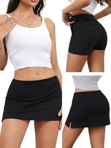 Danysu Mini Skirts for Women Sexy Skirt with Shorts Underneath Slit Summer Sports Vacation Going Out Outfits Stretch Skort Black Medium
