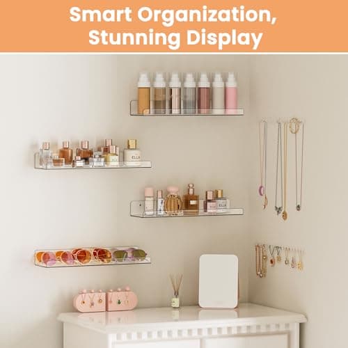 upsimples Clear Acrylic Shelves for Storage, 15" Floating Shelves Wall Mounted for Kids Bookshelf/Display Ledge for Bedroom, Living Room, Bathroom, Kitchen, Set of 4 — view 3
