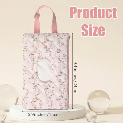 Hadnves Quilted Diaper Wipe Pouch Hanging Floral Wet Wipes Bag Reusable Fabric Cover with Zipper & Lanyard for Car Daily Casual Travel Mommy Bag (C)