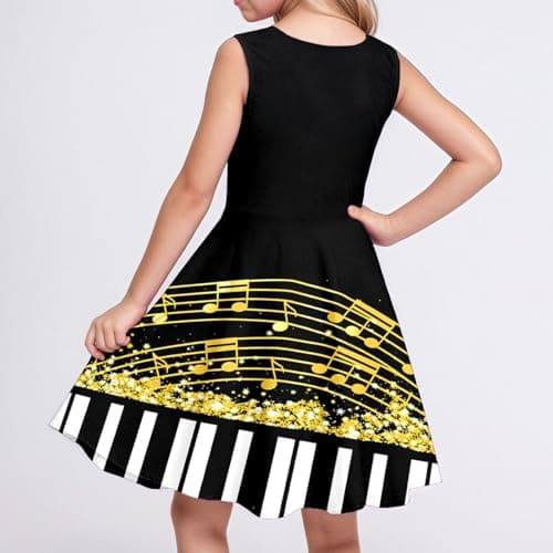Girls' Sleeveless Music Dress Piano Keys and Notes Graphic Print Skater Dress Summer Party Dress — view 2