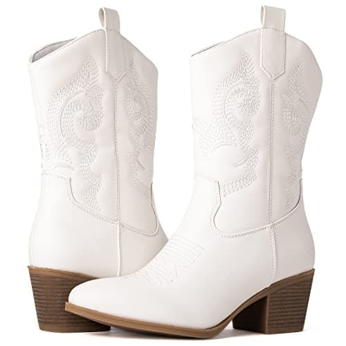 GLOBALWIN Women's Mid Calf The Western Cowgirl Boots Fashion Cowboy Boots For Women Chunky Low Heel, 19yy17 White, 10