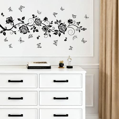 FUFUQUARE Flower Vine Decals Flying Butterfly Black Floral Wall Stickers Removable Wall Art Decor for Living Room Bedroom — view 3