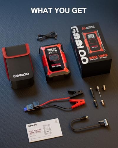 GOOLOO A3 Jump Starter with Air Compressor, 3000A Portable Car Battery Booster (9.0 Gas/6.5L Diesel) with 150PSI Auto-Shutoff Tire Inflator, 12V Supersafe Lithium Jump Box Car Battery Jumper Starter — view 7