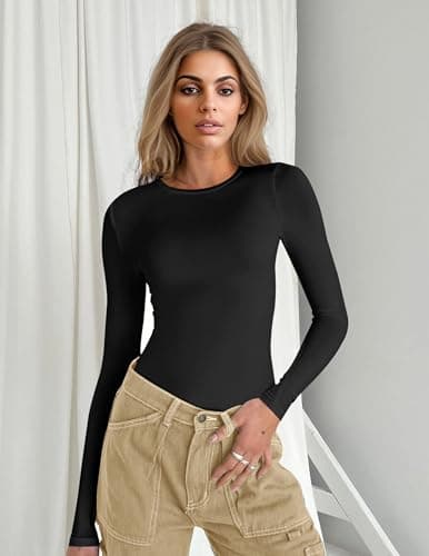Ekouaer Womens Long Sleeve Shirts Crew Neck Stretch Fitted Underscrubs Basic Top Black M — view 2