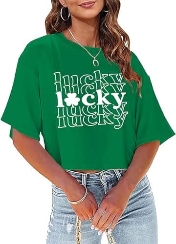 QAUN St Patricks Day Crop Top for Women Lucky Irish Tshirt Womens St Pattys Shirts Shamrock Crop Tops XS-XL