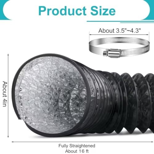 Dryer Vent Hose,4 Inch x 16FT Flexible Aluminum Duct-PVC Aluminum Foil Multi-Layer Air Ducting for HVAC Ventilation, Exhaust Fan,Grow Tent,2 Clamps Included