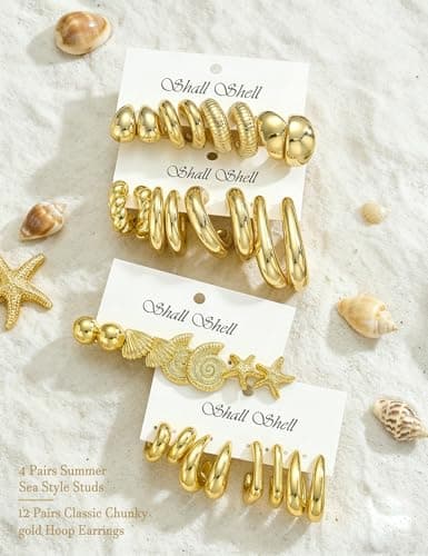 16 Pairs Starfish Chunky Gold Hoop Earrings Set for Women, Beach Shell Style Stack Statement Earrings, Hypoallergenic Lightweight Gold Plated Trendy Summer Jewelry Gift — view 5
