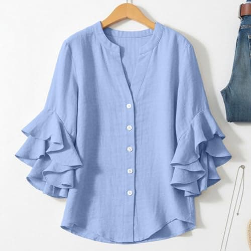 3/4 Ruffle Sleeve Cotton Linen Shirts for Women Dressy V Neck Beach Tunic Tops Elegant Summer Casual Work Blouses Light Blue — view 6