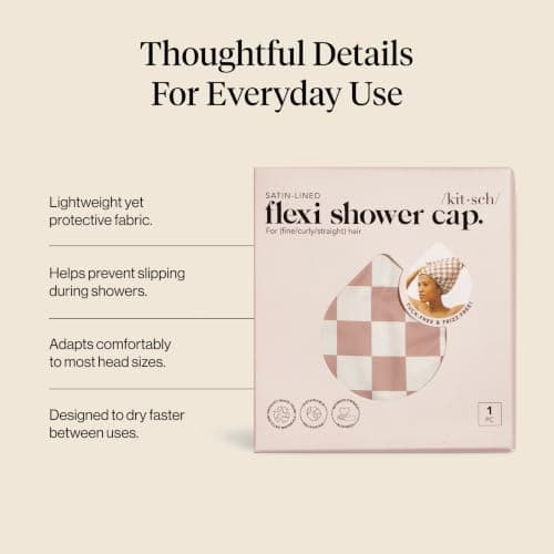 Kitsch Luxury Satin-Lined Flexi Shower Caps for Women Reusable Waterproof - Large Wide Shower Cap for Women & Men, Adjustable, Stylish Hair Cap for Showers, For Long & Short Hair - Terracotta Checker — view 2