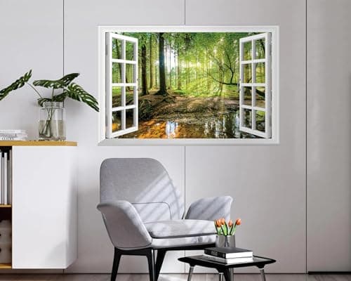 FLFK Fake Window Wall Mural - Forest Jungle Faux Window Wall Sticker for Wall Decor, Stick and Peel Wall Decals,48"x32",Set of 2 Sheets — view 3