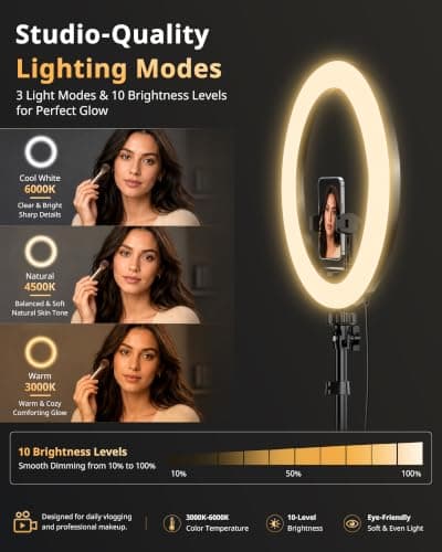 UBeesize 12" Ring Light with 62" Tripod Stand & Phone Holder – Dimmable Selfie Light for Makeup, Video Recording, Photography. Compatible with All Cell Phones & Lightweight Cameras