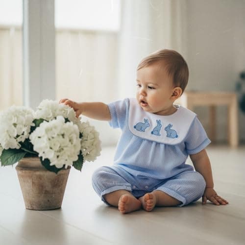 Baby Boy Easter Romper Clothes Short Sleeve Bunny Embroidery Jumpsuit Newborn Playsuit Outfits (Blue, 0-3 Months) — view 7