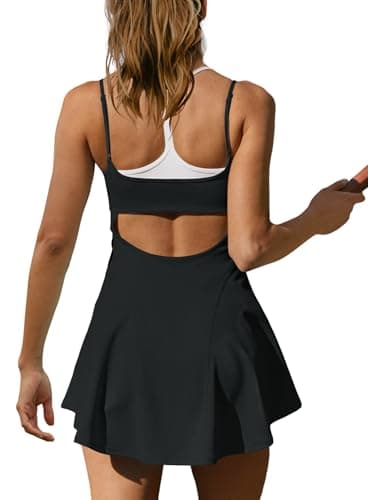 Yanekop Womens Tennis Dress Athletic Dress with Shorts and Bra Golf Outfits Spaghetti Strap Workout Romper Dresses(Black,S) — view 3