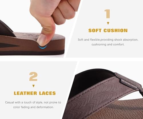 KuaiLu Men's Leather Flip Flops Arch Support Summer Beach Pool Water Thong Sandals Waterproof Rubber Walking Shoes Slip on Orthotic Casual Sport Cushioned Wide Slides Shower Slippers Coffee Size 10 — view 4
