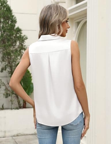 Zeagoo Women Tops Satin Summer Sleeveless Button Down Shirts Silky Blouses Dressy Business Casual Outfits White M — view 3