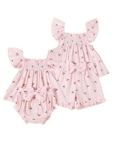 FAMIHAO Sister Matching Outfits Baby Girl Summer Clothes Cute Ruffle Tops Dress Shorts Set Infant Bloomers Princess Outfit,Cherry&Pink 6-12M