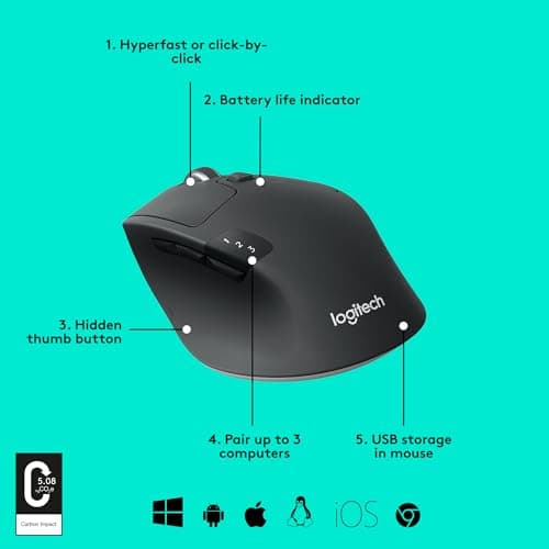 Logitech M720 Triathlon Multi-Device Wireless Mouse, Bluetooth, USB Unifying Receiver, 1000 DPI, 6 Programmable Buttons, 2-Year Battery, Compatible with Laptop, PC, Mac, iPadOS - Black — view 5