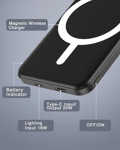 podoru for Magsafe Battery Pack, 5000mAh Magnetic Power Bank with Type-C Cable 20W PD Fast Charging Lighting Input Wireless Portable Charger for iPhone 17/16/15/14/13/12/ All Series-Black — view 5