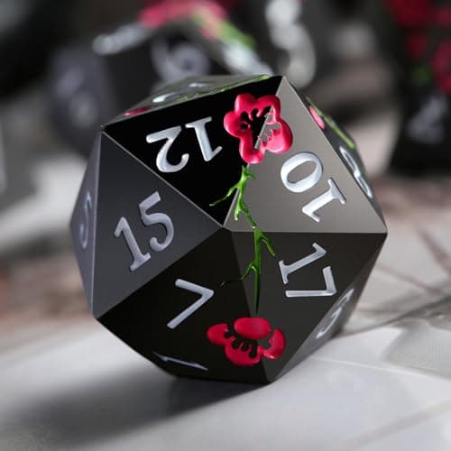 Silver Metal DND Dice Set, 7PCS D&D Metal Dice with Metal Case for Dungeons and Dragons, Shadowrun, Pathfinder, Savage World and Table Games (Matte Black with Pink Flower) — view 3