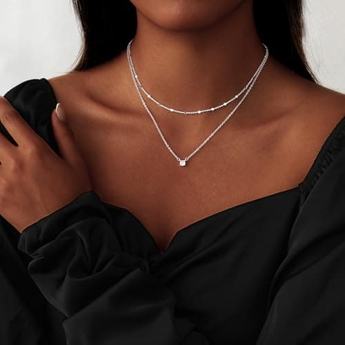 Coshilta Layered Silver Necklace for Women Trendy，Dainty 14K Silver Plated CZ Pendant Layered Gold Necklaces Set Choker Necklaces Simple Cubic Zirconia Necklace Stack Chain Jewelry Gift — view 2