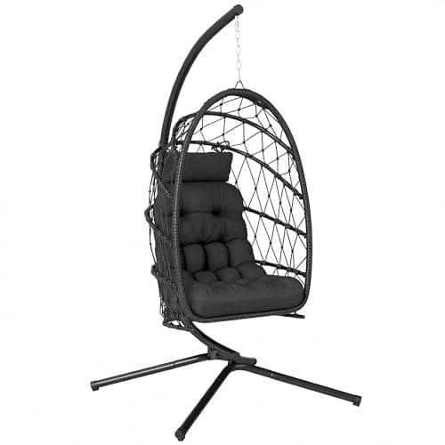 Outsunny Hanging Egg Chair with Stand, Foldable Wicker Rattan Swing Chair with Thick Cushion and Safety Rope for Patio Garden, Supports 264 lbs, Black