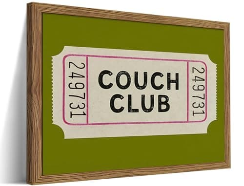 Vintage Framed Wall Art, Couch Club Ticket Canvas Wall Decor Painting, Retro Green Minimalist Quote Poster Print Picture for Living Room Bathroom Home Decor 12x16 Inch