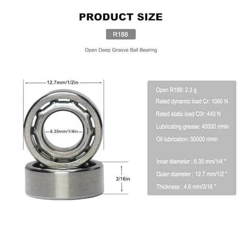10 PCS R188 Deep Groove Ball Bearings - 1/4 Inch x 1/2 Inch x 3/16 Inch - Both Sides Open Chrome Steel Bearings for Small Mechanical Equipment