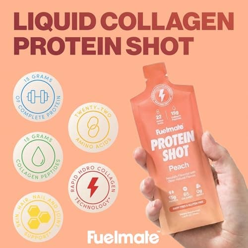 FUELMATE Peach Liquid Collagen Easy Protein Shots - 15g Protein + 22 Amino Acids - Hydrolyzed Bovine Collagen Peptides for Recovery, Skin, Hair & Joints - 10 x 1.29oz - Sugar, Dairy & Gluten Free