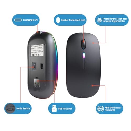 Wireless Bluetooth Mouse, Rechargeable, LED, Silent, Ultra-thin Design (Bluetooth 5.2 and 2.4GHz USB Receiver) | Portable Computer Mouse for Laptops, iPads, MacBooks and Apple Devices (Black) — view 4