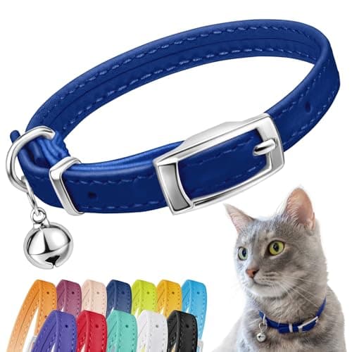 CollarDirect Leather Cat Collar with Bell - Kitten Collar, Small and Big Cat Collar for Boy Cats, Girl Cats with Safety Elastic Strap (Neck Fit 8"-11", Navy Blue)