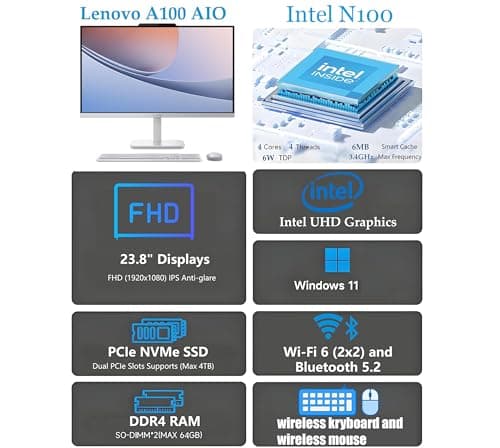 Lenovo 24" FHD All-in-One Desktop Computer for Home & Office, Intel Processor, 16GB RAM, 500GB External + 128GB PCIe, HDMI, Bluetooth 5.2, Business AIO, Vent-Hear, Wireless Keyboard & Mouse, Win 11